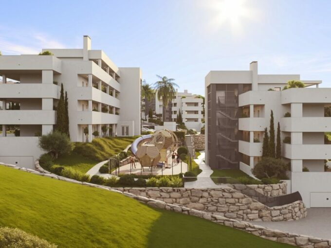 Render of two Altos de Manilva blocks with lawns and landscaped gardens, Manilva