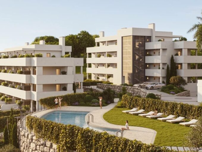 Render of two Altos de Manilva blocks and the communal pool with sunbeds, Manilva