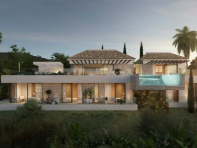 Off plan villa in La Reserva Sotogrande with cantilevered infinity pool at dusk