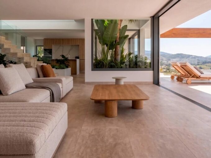 Living room opening onto a terrace with golf and sea views at Regia Villas, Valle Romano, Estepona