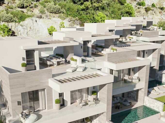 Aerial view of the five villas of Altura Residences with terraces and pools