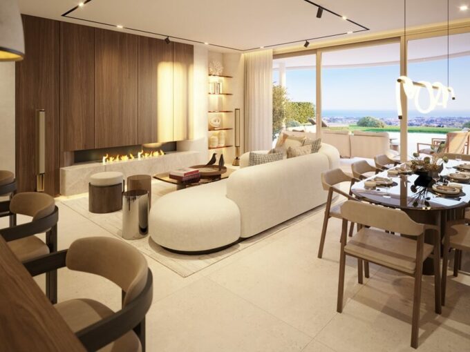 Open plan living and dining room with sea views at The View Marbella III