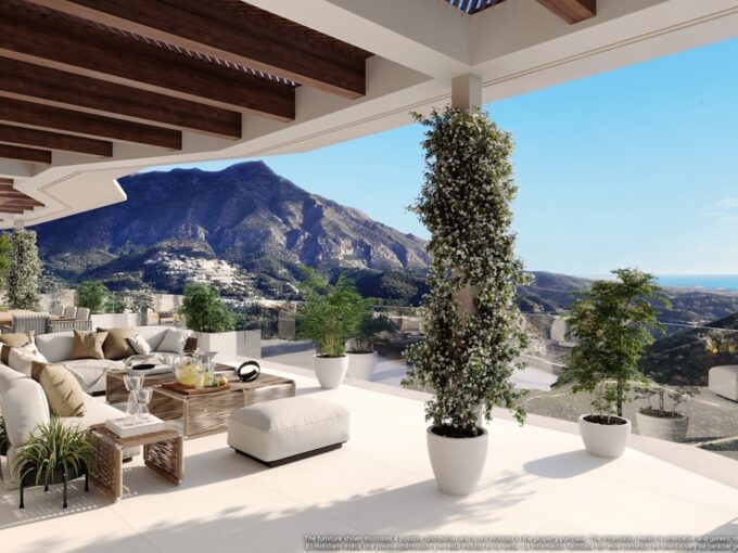 Covered terrace with mountain views at Mimosas, Real de La Quinta, Benahavís