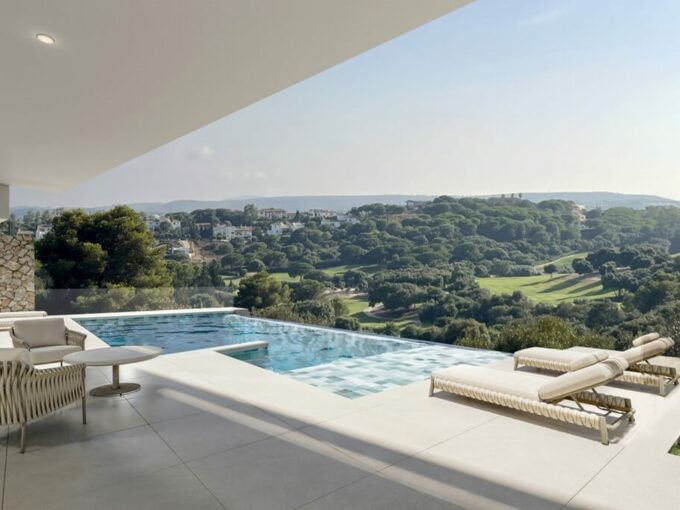 Villa Evania terrace with infinity pool and golf course views, La Reserva Sotogrande