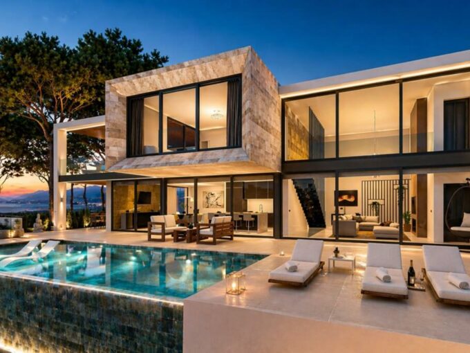Villa Sirio at dusk with illuminated infinity pool and glazed ground floor in La Reserva Sotogrande