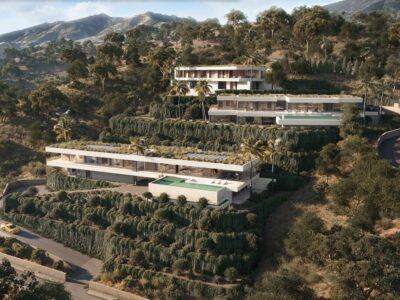 Aerial view of Villa Salvia on its terraced hillside plot in Montemayor, Benahavís