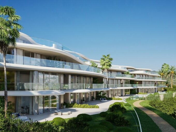 Curved terraces and glass balustrades of the apartments at The Sky Marbella, Benahavís